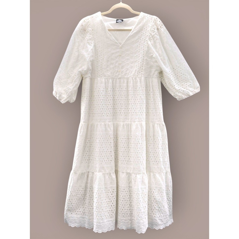 Cal Style White Eyelet Lace Dress XL Cottagecore Boho Tiered Midi Prairie Bridal